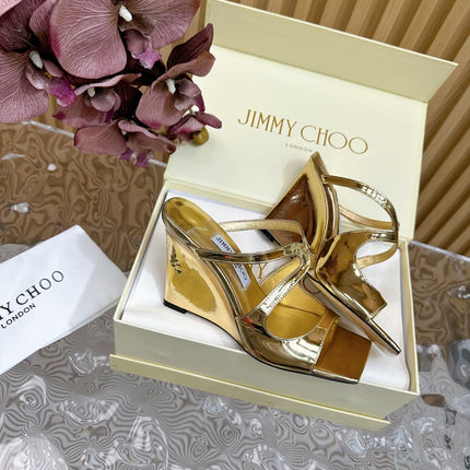 JIMMY CHOO 26S WEDGE SANDALS 105 MM IN GOLD METALLIC CALFSKIN