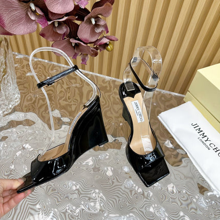 JIMMY CHOO 26S SQUARE-TOE WEDGE SANDALS 105 MM IN BLACK CALFSKIN