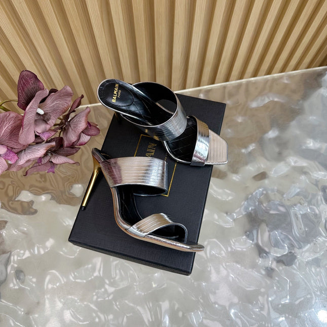BALMAIN 25S MULES IN STRIPED LEATHER 95MM IN SILVER CALFSKIN