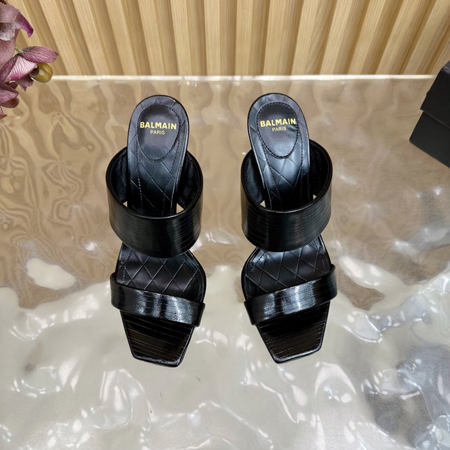 BALMAIN 25S MULES IN STRIPED LEATHER 95MM IN BLACK CALFSKIN