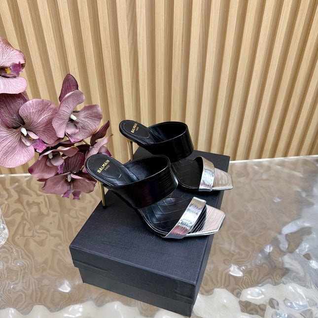 BALMAIN 25S MULES IN STRIPED LEATHER 95MM IN BLACK AND SILVER CALFSKIN