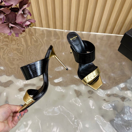 BALMAIN 25S MULES IN STRIPED LEATHER 95MM IN BLACK AND GOLD CALFSKIN