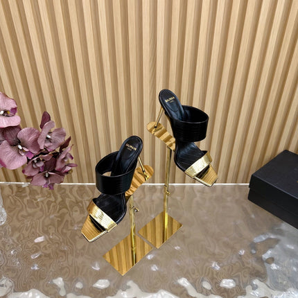 BALMAIN 25S MULES IN STRIPED LEATHER 95MM IN BLACK AND GOLD CALFSKIN