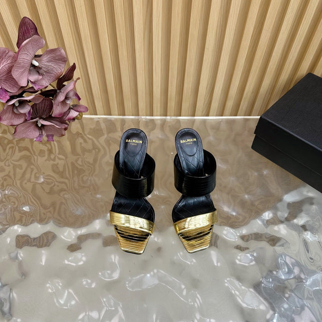 BALMAIN 25S MULES IN STRIPED LEATHER 95MM IN BLACK AND GOLD CALFSKIN
