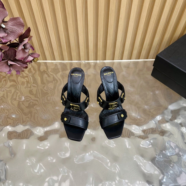 BALMAIN 25S MULES IN STRIPED LEATHER 95MM IN BLACK CALFSKIN GOLD HARDWARE