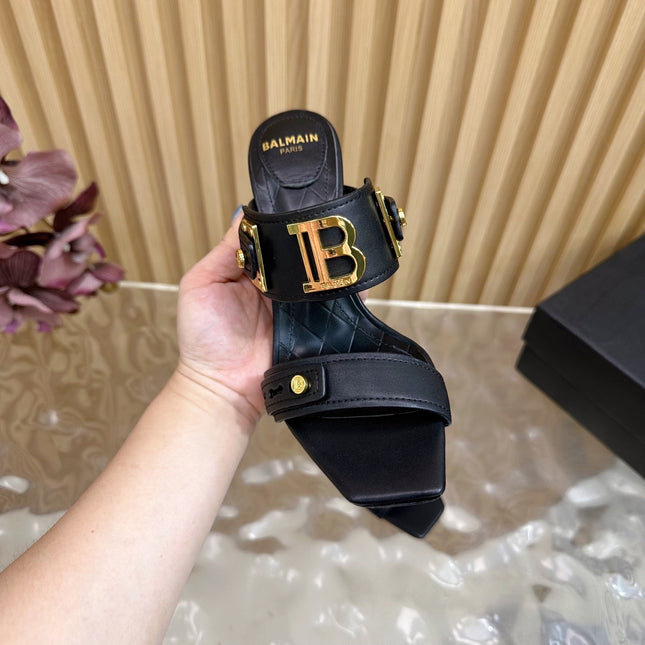 BALMAIN 25S MULES IN STRIPED LEATHER 95MM IN BLACK CALFSKIN GOLD HARDWARE