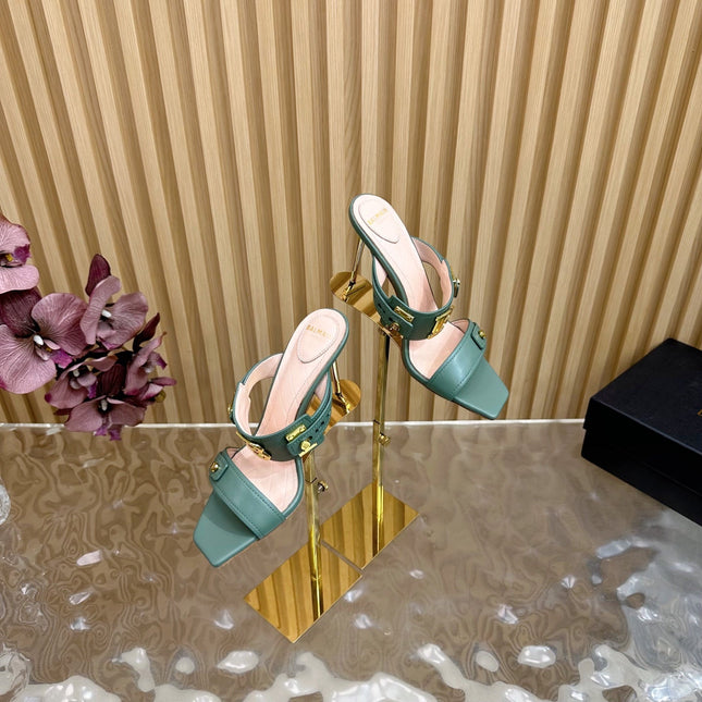 BALMAIN 25S MULES IN STRIPED LEATHER 95MM IN DUSTY GREEN CALFSKIN GOLD HARDWARE