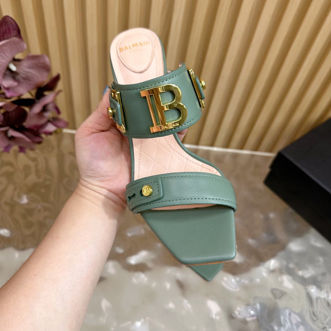 BALMAIN 25S MULES IN STRIPED LEATHER 95MM IN DUSTY GREEN CALFSKIN GOLD HARDWARE