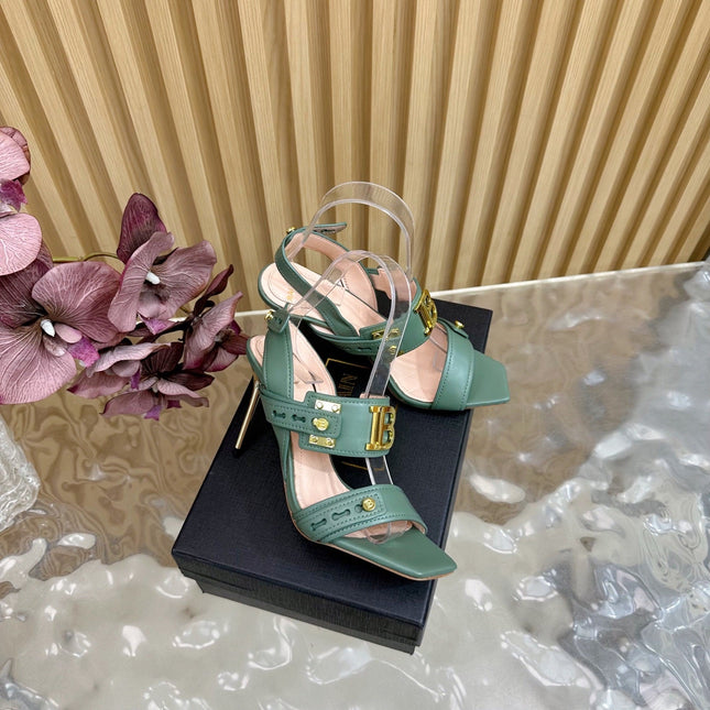 BALMAIN 25S RHINESTONE STILETTO SANDALS 95MM IN DUSTY GREEN CALFSKIN
