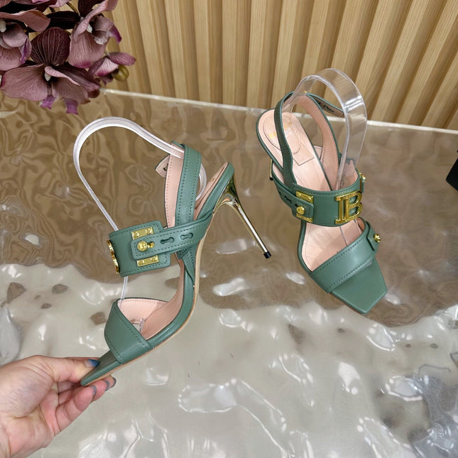 BALMAIN 25S RHINESTONE STILETTO SANDALS 95MM IN DUSTY GREEN CALFSKIN