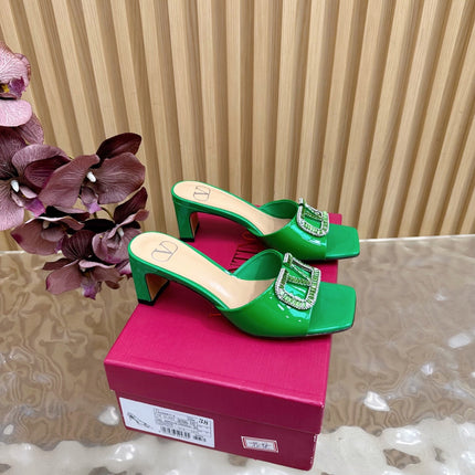 VALENTINO 25S HIGH-HEEL MULES 60 MM IN GREEN PATENT CALFSKIN WITH CRYSTAL-EMBELLISHED STRAP
