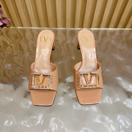 VALENTINO 25S HIGH-HEEL MULES 60 MM IN WARM BEIGE PATENT CALFSKIN WITH CRYSTAL-EMBELLISHED STRAP