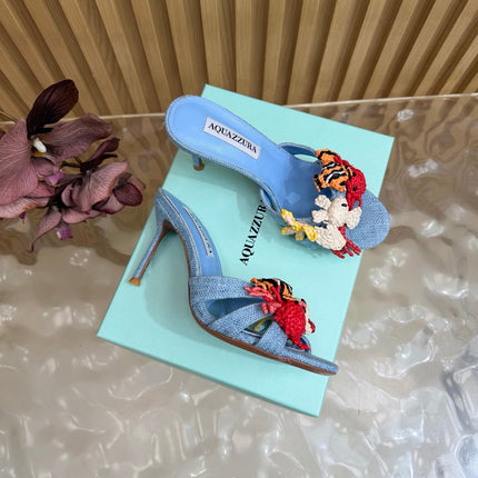 AQUAZZURA 26S SANDALS 80 MM IN LIGHT BLUE CANVAS WITH CROCHET APPLIQUES