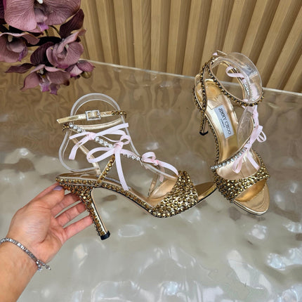 JIMMY CHOO 26S HEEL SANDALS 85 MM IN GOLD LEATHER WITH CRYSTAL EMBELLISHMENTS