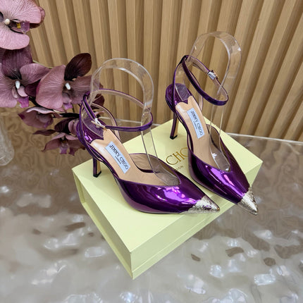 JIMMY CHOO 26S SLINGBACK HEELS 85 MM IN METALLIC PURPLE CALFSKIN WITH METAL TOE CAP