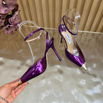 JIMMY CHOO 26S SLINGBACK HEELS 85 MM IN METALLIC PURPLE CALFSKIN WITH METAL TOE CAP