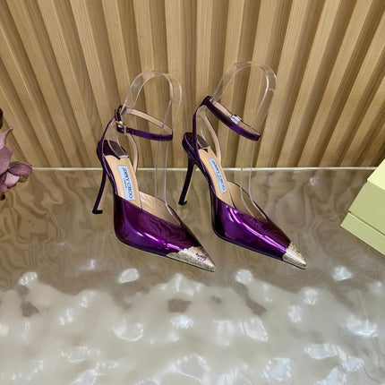 JIMMY CHOO 26S SLINGBACK HEELS 85 MM IN METALLIC PURPLE CALFSKIN WITH METAL TOE CAP