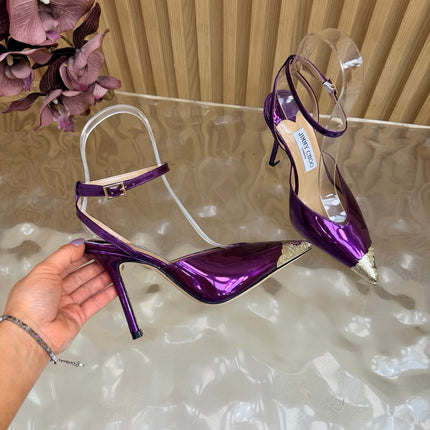 JIMMY CHOO 26S SLINGBACK HEELS 85 MM IN METALLIC PURPLE CALFSKIN WITH METAL TOE CAP