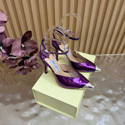 JIMMY CHOO 26S SLINGBACK HEELS 85 MM IN METALLIC PURPLE CALFSKIN WITH METAL TOE CAP