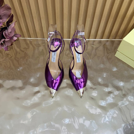 JIMMY CHOO 26S SLINGBACK HEELS 85 MM IN METALLIC PURPLE CALFSKIN WITH METAL TOE CAP