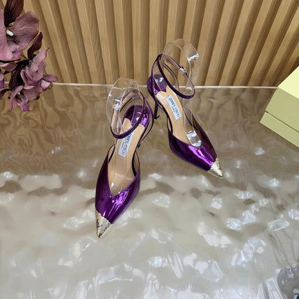 JIMMY CHOO 26S SLINGBACK HEELS 85 MM IN METALLIC PURPLE CALFSKIN WITH METAL TOE CAP