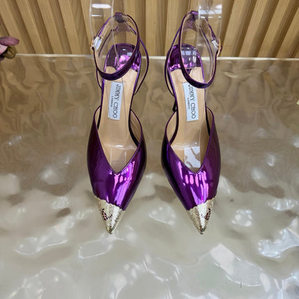 JIMMY CHOO 26S SLINGBACK HEELS 85 MM IN METALLIC PURPLE CALFSKIN WITH METAL TOE CAP