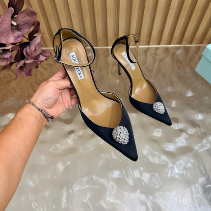 AQUAZZURA 26S POINTED-TOE HIGH HEELS 100 MM IN BLACK SATIN