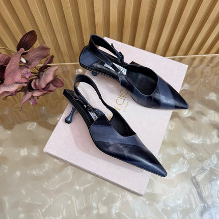 JIMMY CHOO 26S SLINGBACK PUMPS 65 MM IN NAVY BLUE WITH DIAGONAL STRIPES CALFSKIN