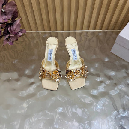 JIMMY CHOO 26S HEEL SANDALS 70 MM IN LIGHT METALLIC GOLD SATIN WITH GOLD HARDWARE