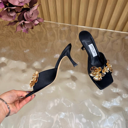 JIMMY CHOO 26S HEEL SANDALS 70 MM IN BLACK SATIN WITH GOLD HARDWARE