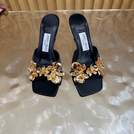 JIMMY CHOO 26S HEEL SANDALS 70 MM IN BLACK SATIN WITH GOLD HARDWARE