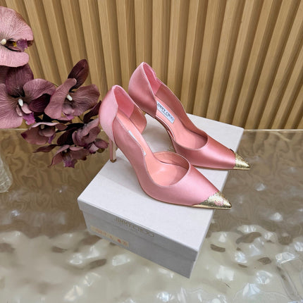 JIMMY CHOO 26S CUTOUT PUMPS 105 MM IN LIGHT PINK SATIN WITH METAL TOE CAP