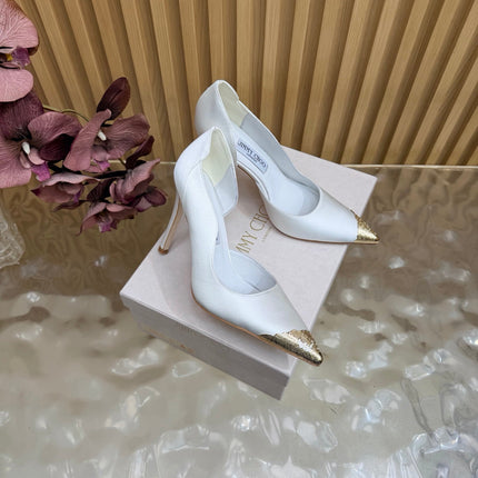 JIMMY CHOO 26S CUTOUT PUMPS 105 MM IN WHITE SATIN WITH METAL TOE CAP