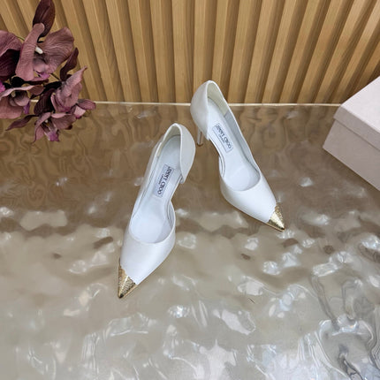 JIMMY CHOO 26S CUTOUT PUMPS 105 MM IN WHITE SATIN WITH METAL TOE CAP