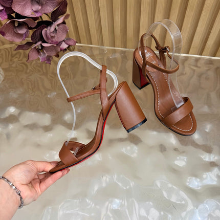 CHRISTIAN LOUBOUTIN 26S SQUARE-HEEL SANDALS 85 MM IN BROWN CALFSKIN