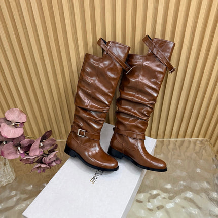 JIMMY CHOO 26S BROOKLYN KNEE BOOTS IN BROWN GLOSSY CALFSKIN