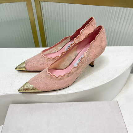 JIMMY CHOO 26S HIGH HEELS 65 MM IN PALE PINK LACE WITH METAL TOE CAP