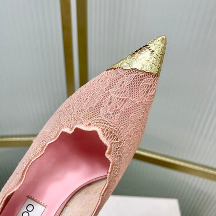 JIMMY CHOO 26S HIGH HEELS 65 MM IN PALE PINK LACE WITH METAL TOE CAP