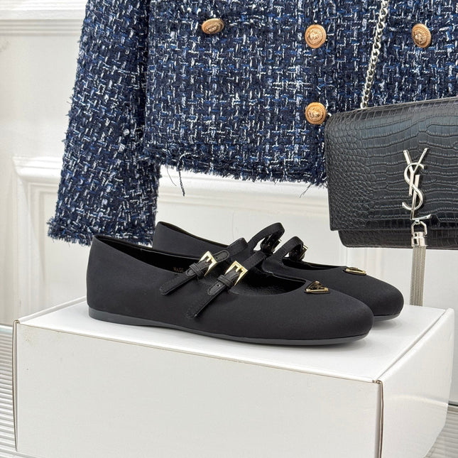 PRADA 25S DOUBLE STRAP BALLERINAS IN BLACK SATIN
