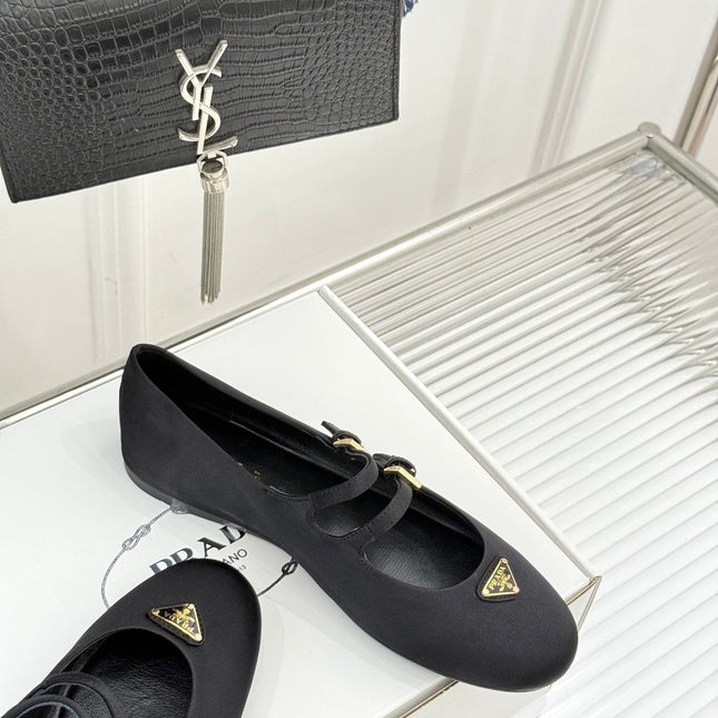 PRADA 25S DOUBLE STRAP BALLERINAS IN BLACK SATIN