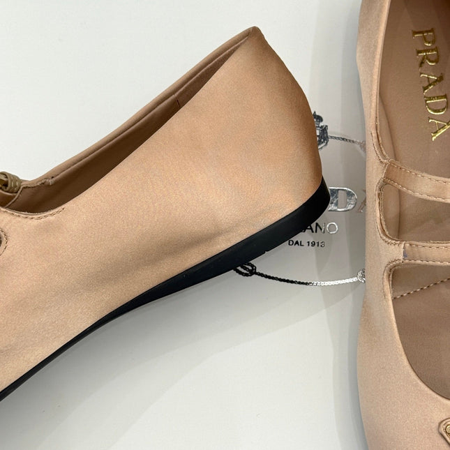 PRADA 25S DOUBLE STRAP BALLERINAS IN NUDE SATIN
