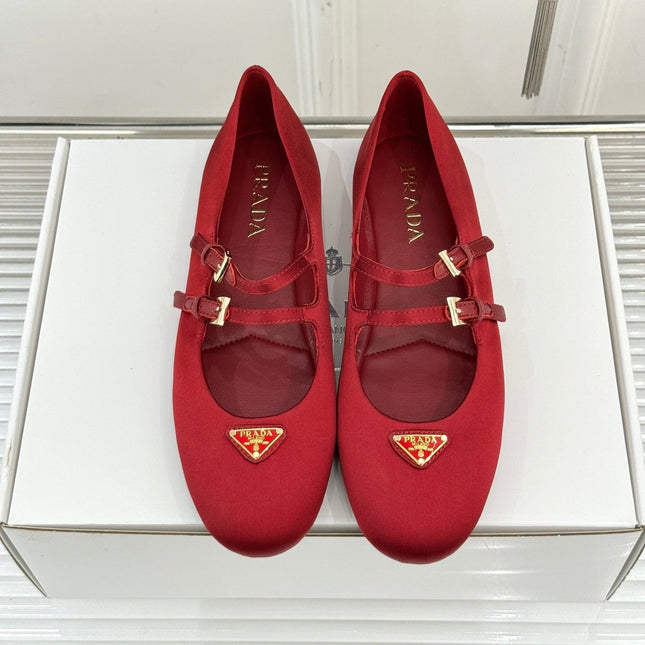 PRADA 25S DOUBLE STRAP BALLERINAS IN RED WINE SATIN