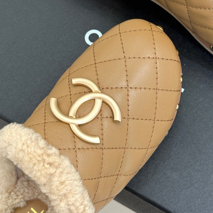 CHANEL 26S QUILTED SHEARLING LINED CLOG MULES IN DARK BEIGE CALFSKIN GOLD HARDWARE