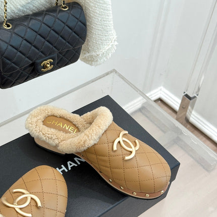 CHANEL 26S QUILTED SHEARLING LINED CLOG MULES IN DARK BEIGE CALFSKIN GOLD HARDWARE