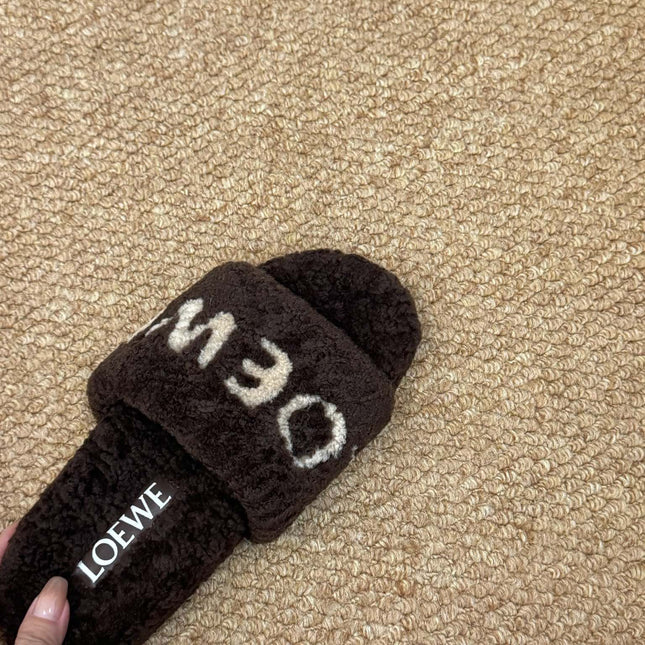 LOEWE 26S FLUFFY SLIDE SANDALS IN DARK BROWN SHEARLING LOGO