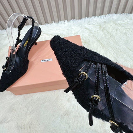 CROSS STRAP HIGH HEELED SLINGBACK IN BLACK TWEED
