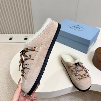 PRADA 26S LACE UP MULE SLIPPERS IN LIGHT BROWN SUEDE SHEARLING LINED