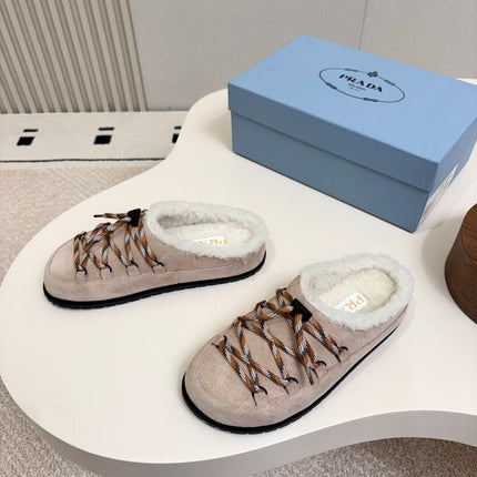 PRADA 26S LACE UP MULE SLIPPERS IN LIGHT BROWN SUEDE SHEARLING LINED