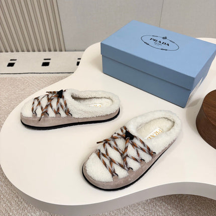 PRADA 26S LACE UP MULE SLIPPERS IN WHITE AND LIGHT BROWN SUEDE SHEARLING LINED
