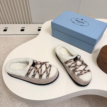 PRADA 26S LACE UP MULE SLIPPERS IN WHITE AND LIGHT BROWN SUEDE SHEARLING LINED